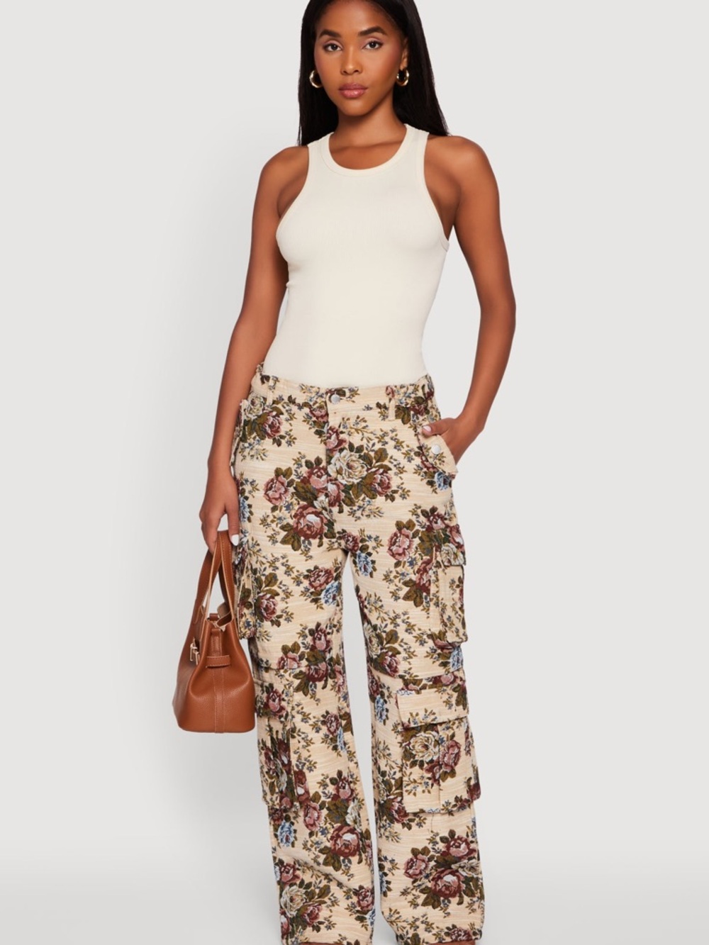 NEW! Tapestry Print Floral Jacquard Wide-Leg Utility Cargo Pants